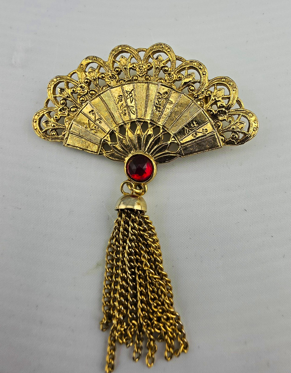 Vintage Gold Tone Ogi Fan Brooch Red Rhinestone Multi Strand Chain Tassel Pin